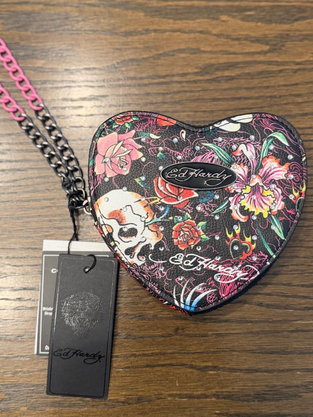 NWT - Ed Hardy Skull & Roses Rhinestone Heart Coin Purse Wristlet Y2K